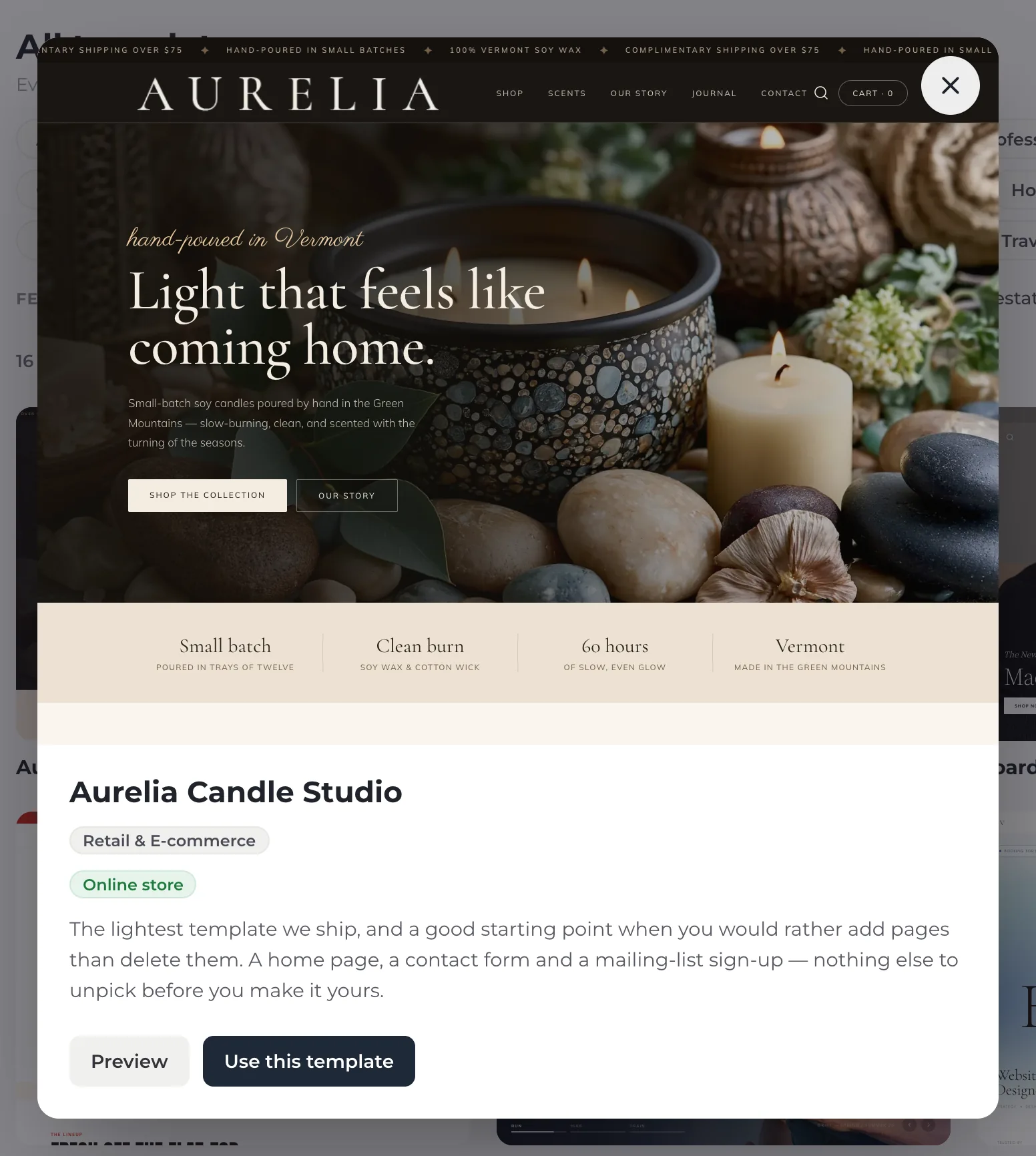 The page for the Aurelia Candle Studio template, open over the gallery: a live preview of its home page, the name, a Retail & E-commerce industry tag, an Online store badge, a short description, and Preview and Use this template buttons.